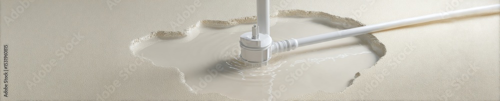 Poster modern flood mitigation sump pump submerged in basement water with exposed pipes - efficient plumbin
