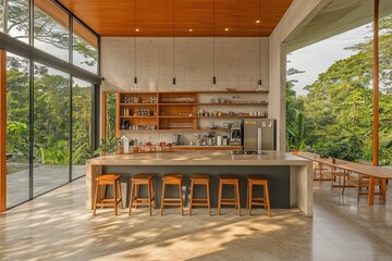 A minimalist, modern coffee shop kitchen interior with wood and concrete accents, large windows overlooking a jungle landscape, a bar counter with wooden stools on one side of the room,