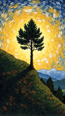 Majestic Lone Tree Against a Starry Sky with Colorful Swirls of Light