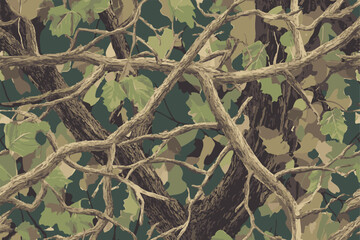 Seamless Hunting Camouflage Pattern with Realistic Tree Bark Textures and Layered Leaf Details for Forest and Outdoor Design Projects. Vector hunting camouflage background. Camo texture. Abstract 