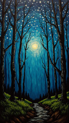 Enchanted Forest Scene with Starry Night Sky and Glowing Moonlight Over a Tranquil Stream