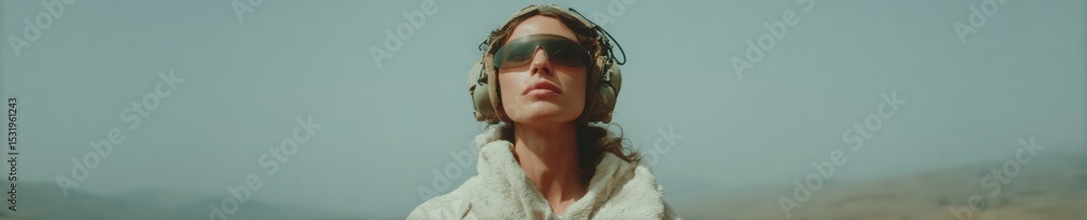 Poster Modern military operator using advanced encrypted communication technology with specialized headset in secure command environment illustrating innovation and focus