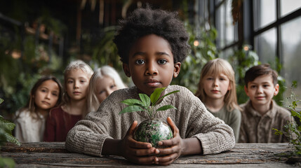 Environment, save clean planet, ecology concept. Child hands holding crystal earth globe and growing tree.  Earth Day banner with  copy space
