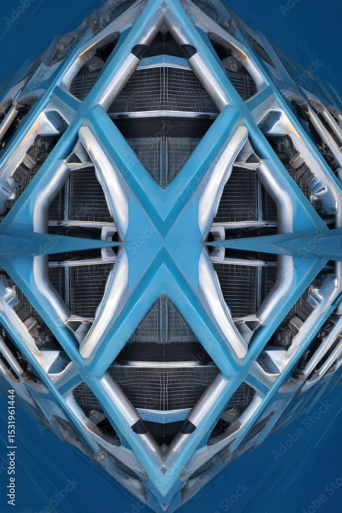 Poster abstract geometric metallic sculpture with reflective surfaces in cool blue tones showcasing modern 