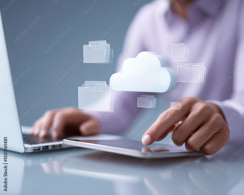 Aufkleber Edge Computing Businessman Using Tablet and Laptop with Digital Cloud Storage Icons, Efficient Data Management and Seamless Access in Modern Office