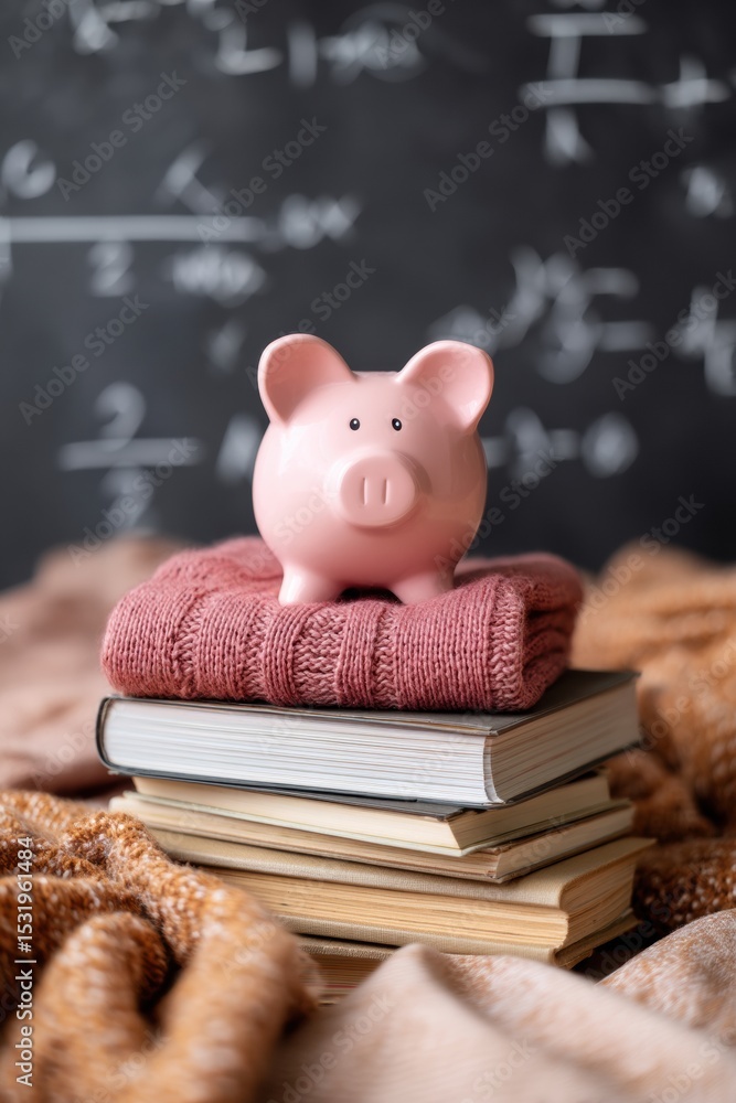 Poster pink piggy bank on stack of textbooks with chalkboard formulas conceptualizing education savings and