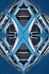 Abstract geometric metallic sculpture with reflective surfaces in cool blue tones showcasing modern industrial design and digital tech aesthetics for innovation spaces