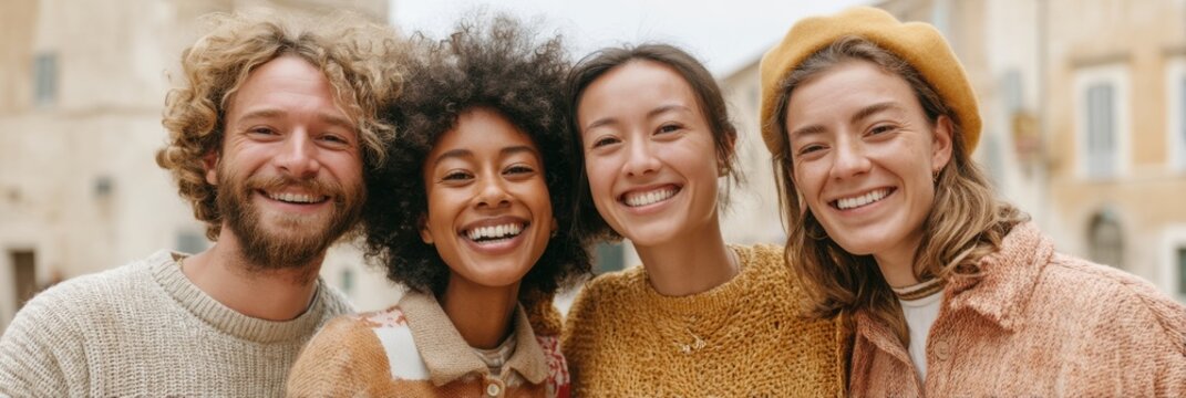 Diverse international students smiling together outdoors holding flags, showcasing global education exchange and cross-cultural friendship for modern university branding