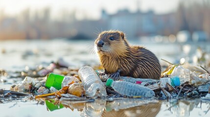 Muskrat resting on floating trash in a polluted urban river during soft morning light
