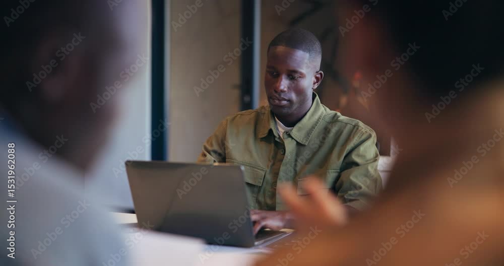 Poster design, laptop and typing with business man in workplace for development, planning or report. comput