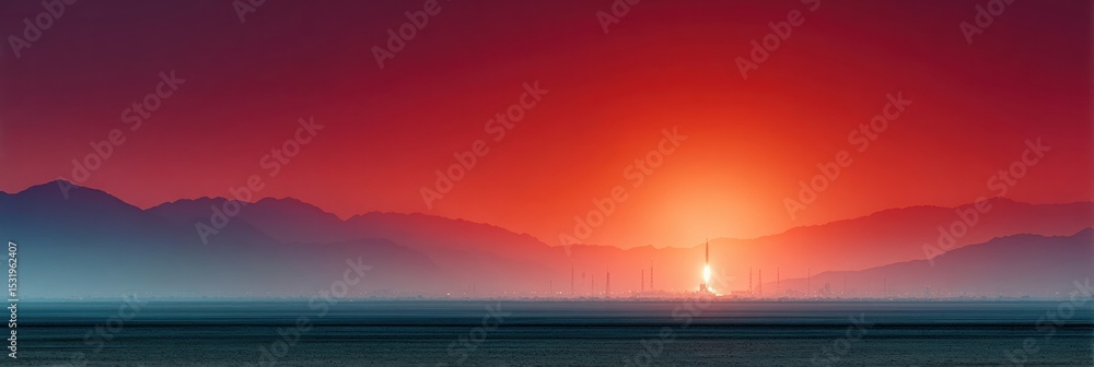 Poster Countdown Ignition Rocket Launch at Dawn in Desert Landscape with Illuminated Support Structures - Aerospace Technology and Exploration Concept for Branding
