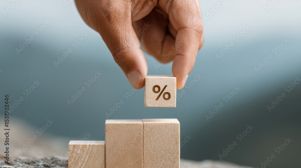 Poster focused hand stacking wooden blocks with percentage symbols symbolizing compound interest growth and