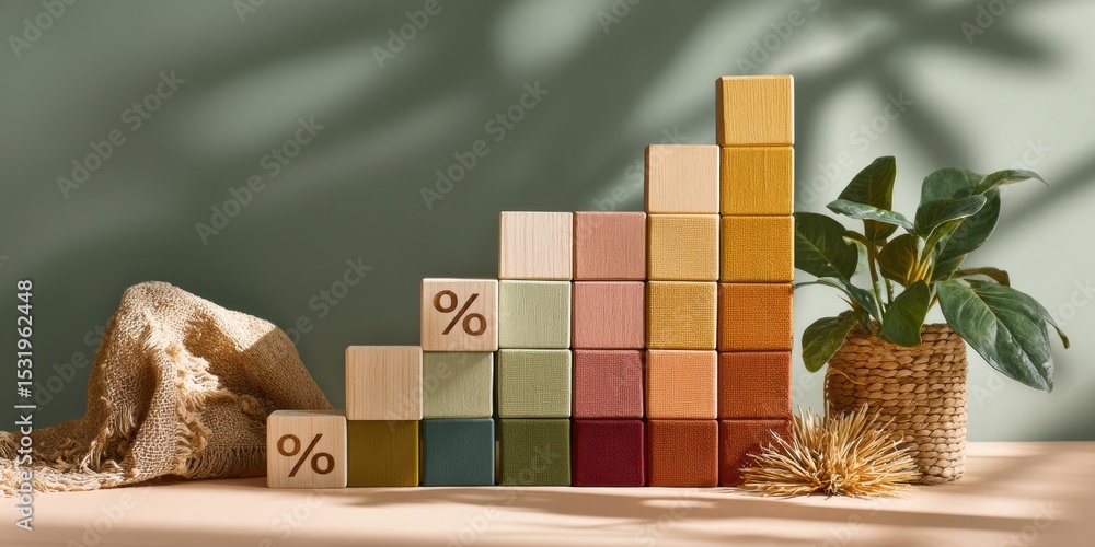 Poster compound interest visualization with wooden blocks and percentage symbols in warm earth tones for fi