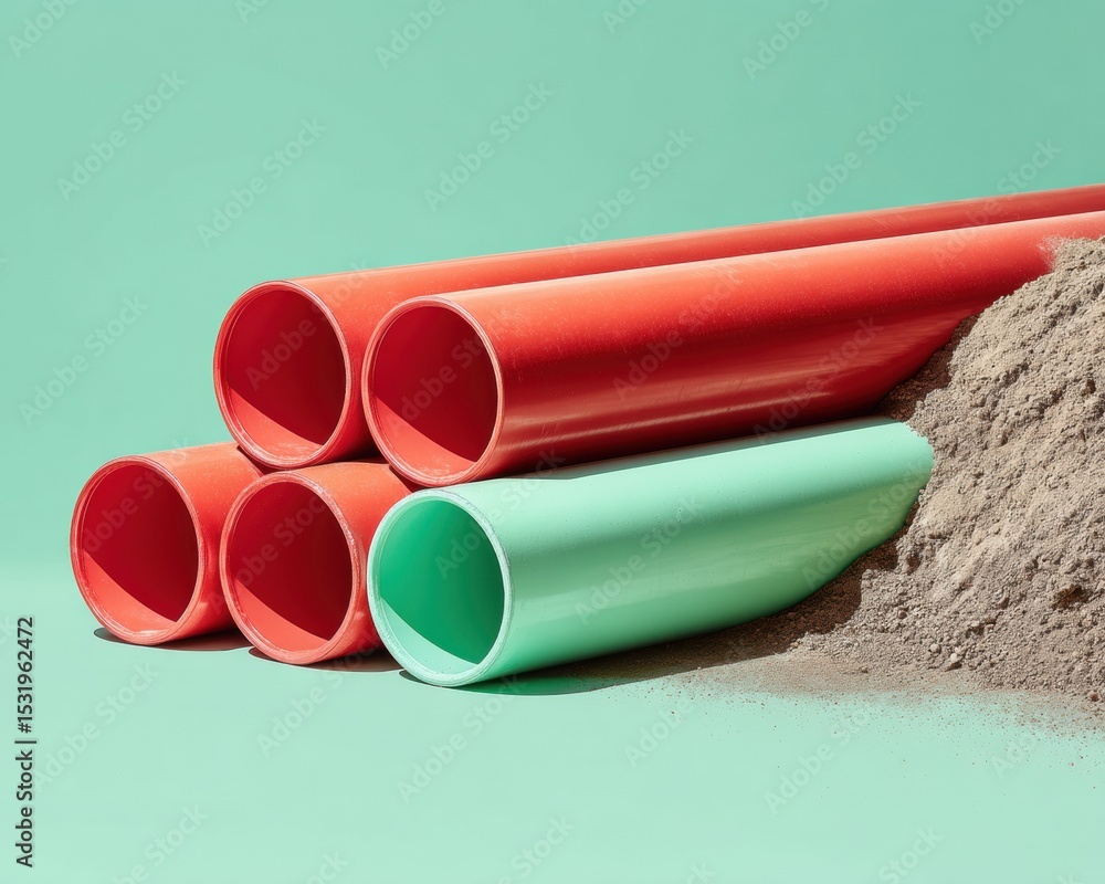 Poster urban infrastructure development with modern utility pipeline installation featuring exposed trench 