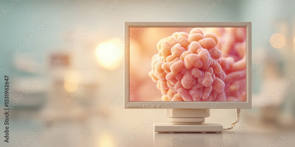 Poster modern colonoscopy monitor display with visual of internal view, doctor adjusting controls in clinic