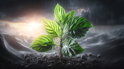  Environment, save clean planet, ecology concept.World Earth Day banner. Young green plant growing at sunlight.
