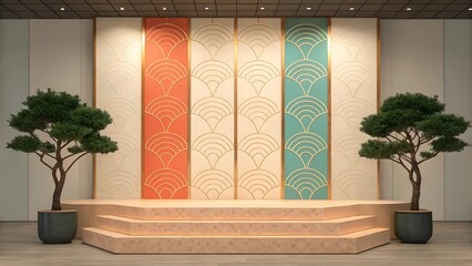 Modern minimalist stage with geometric pattern wall and bonsai trees