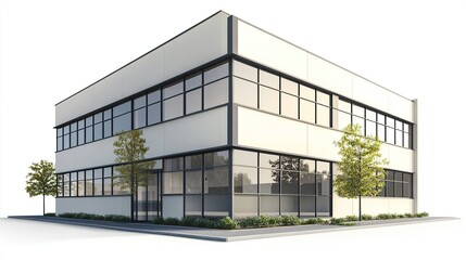 A modern, two-story commercial building with white exterior walls and large windows, set against a white background with small trees flanking the front