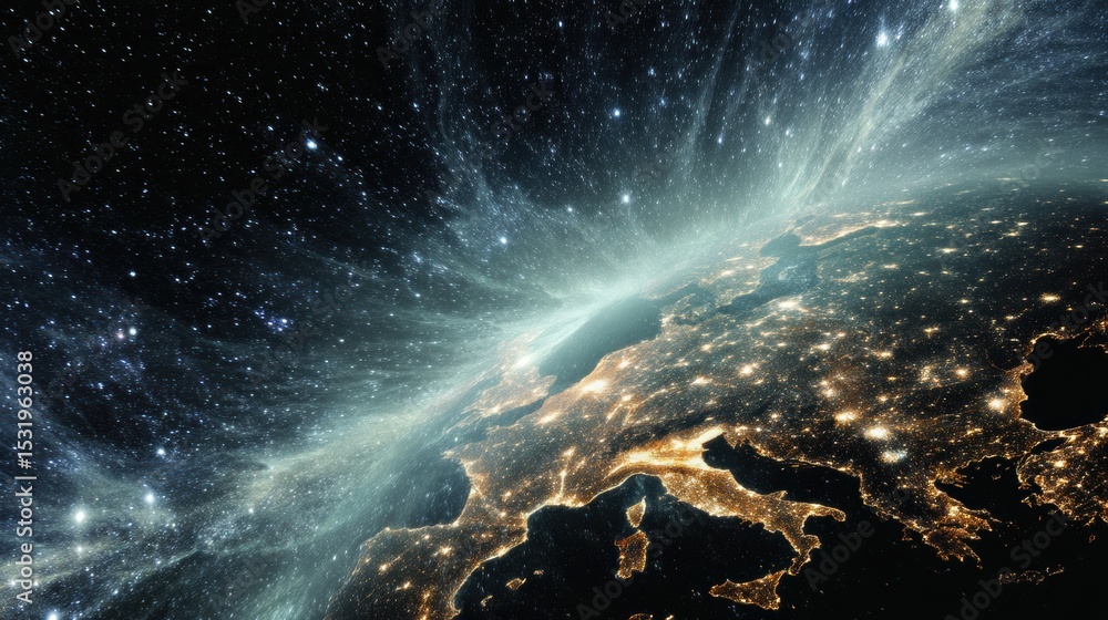 Aufkleber nighttime satellite view of europe illuminated by city lights with starry cosmos backdrop for global