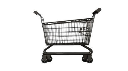 Empty metal shopping cart with red handle for retail and supermarket use isolated on white background

