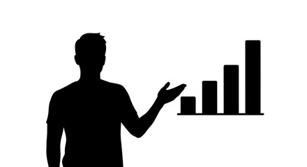 Silhouette of a businessman gesturing towards a growth bar chart on a transparent background