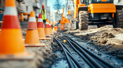 Construction site action urban location infrastructure development busy environment close-up view utility installation for seo strategy