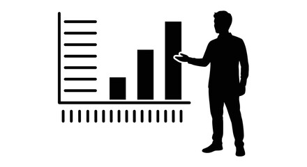 Man presenting a growth bar chart with an open gesture on a transparent background