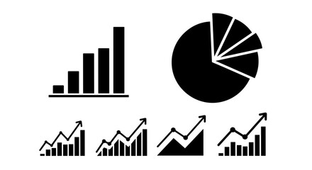 Collection of various growth charts and a pie chart on a transparent background