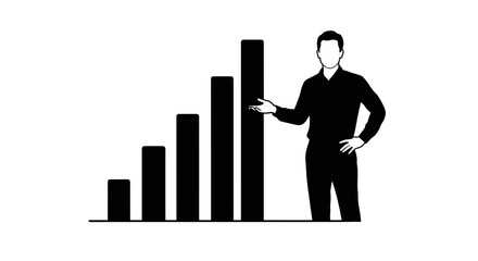Businessman presenting a growth bar chart on a transparent background