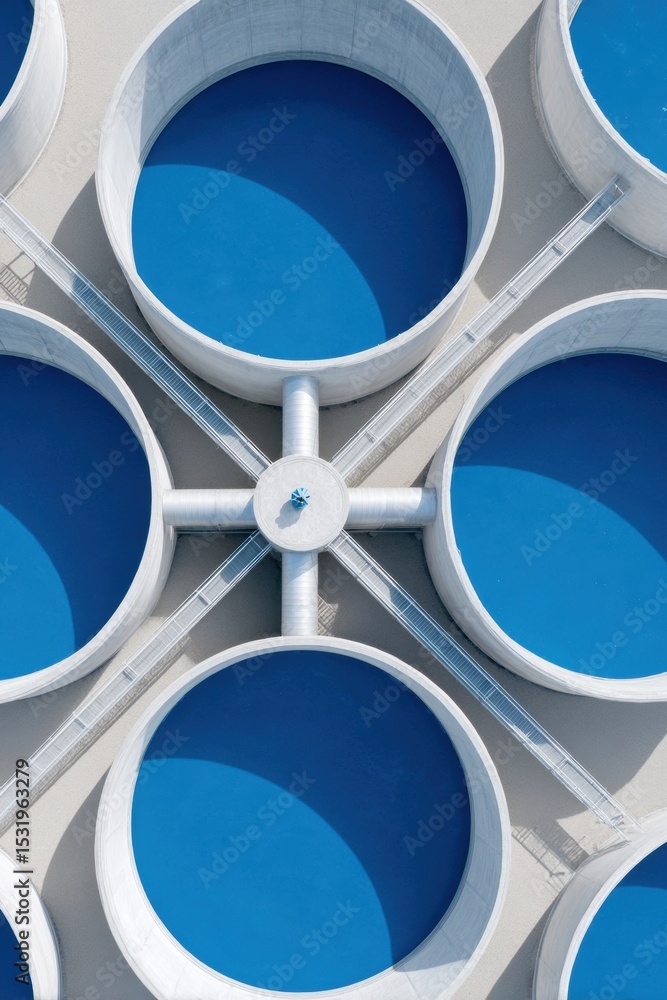 Poster aerial view of circular biogas digesters with connecting pipes in modern sustainable waste conversio