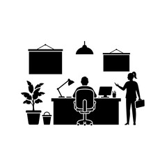 Woman presenting ideas to a seated man in an office environment on a transparent background