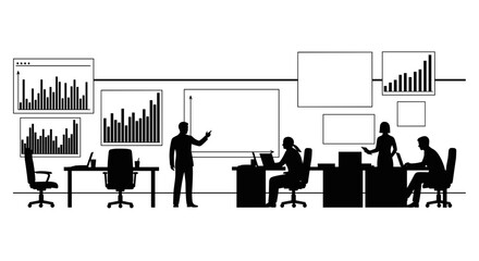 Business meeting in an office with data presentations on a transparent background