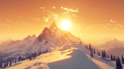 Snow-capped peaks glowing under a rising sun, with golden light cascading down the slopes.