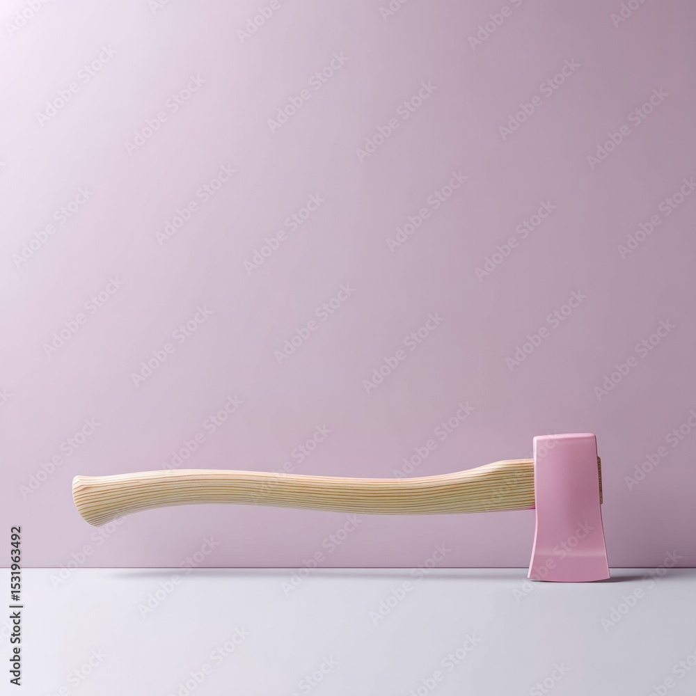 Aufkleber minimalist axe with polished steel head and smooth wooden handle on soft pink background modern craf