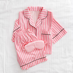 Striped Pink White Pajama Set with satin pink sleep mask on white sheet. Top view stylish woman home sleepwear from soft cotton on bedclothes. Cozy pyjamas of shirt, shorts for sleeping, flat lay