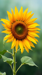 Bright Yellow Sunflower Bloom with Green Background in Soft Focus