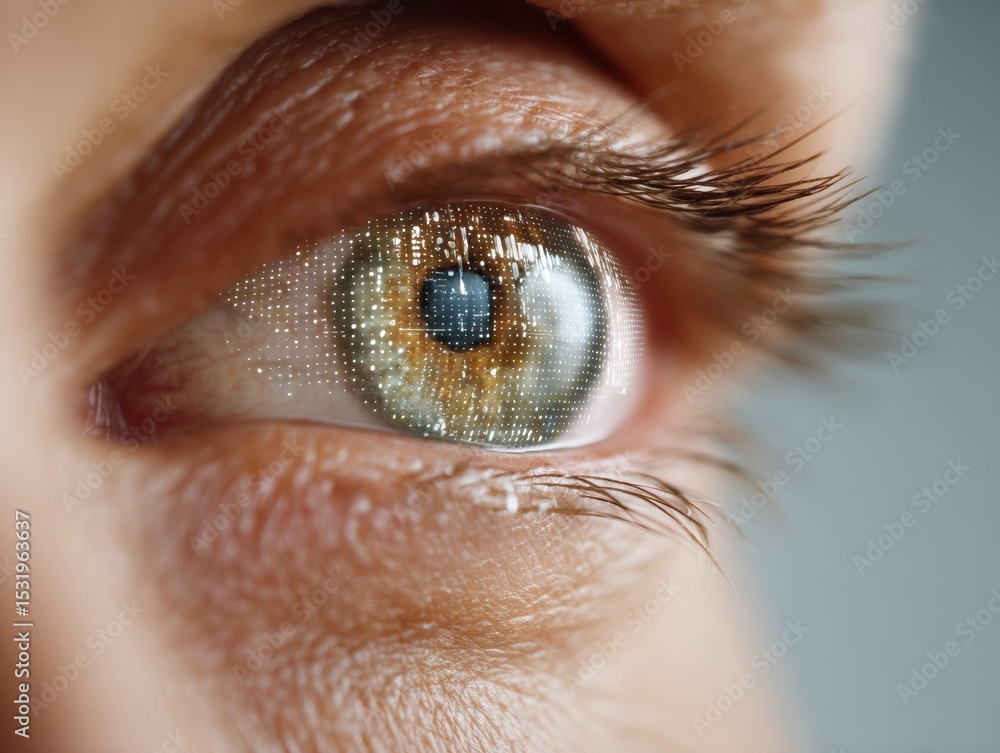 Aufkleber augmented reality close-up of human eye with digital data grid projection and glowing biometric disp