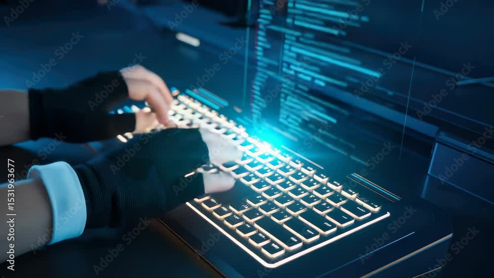 Poster A person wearing gloves is typing code on an illuminated keyboard in a dimly lit setting.