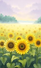 Vibrant Sunflower Field Under Soft Morning Light with Gentle Hills in the Background
