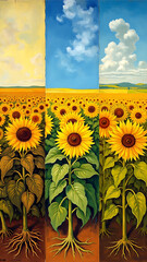 Vibrant Sunflower Fields Under Blue Sky with Artistic Layers of Nature's Beauty
