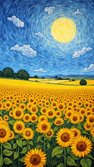 Vibrant Sunflower Field Under Bright Blue Sky with Sun and Whimsical Clouds