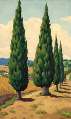 Tall Green Cypress Trees Line Scenic Pathway Through Beautiful Golden Landscape