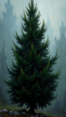 Lush Green Evergreen Tree Surrounded by Mysterious Misty Forest Environment