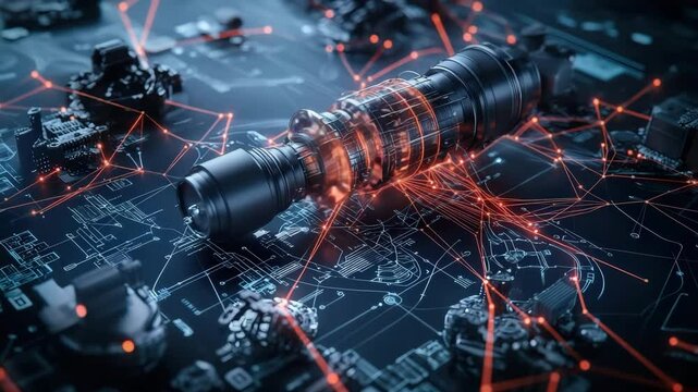 A futuristic cylindrical device is surrounded by digital circuits, glowing lines, and network connections on a dark tech background.