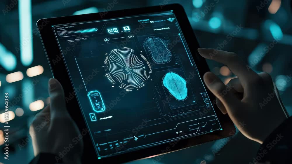Poster A person interacts with a futuristic digital tablet displaying biometric fingerprint and facial scan data.