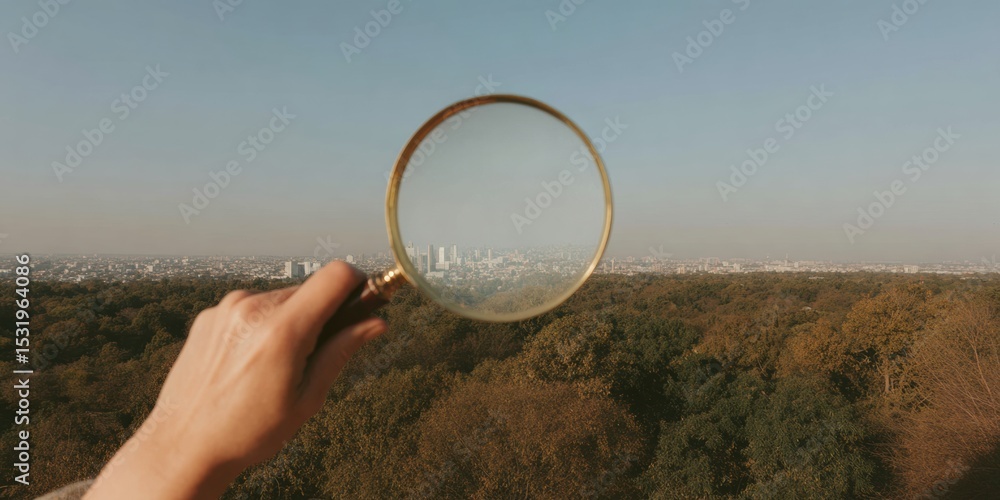 Poster urban air quality index monitoring with magnifying glass over city skyline and trees showing clean e