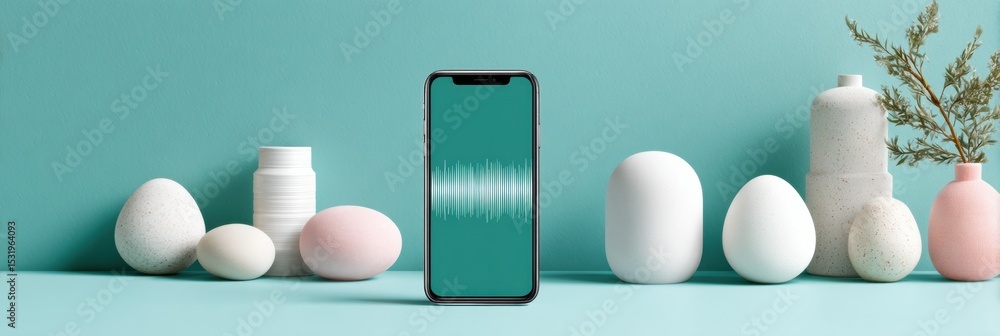 Poster modern smartphone with holographic soundwave and microphone icon on minimalist wooden surface for vo