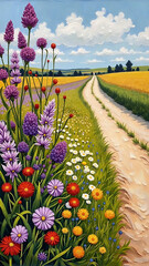 Colorful Wildflowers Along a Scenic Country Path Under Bright Blue Sky with Fluffy Clouds