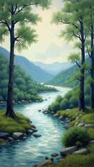 Serene Mountain Landscape with Lush Green Trees and Tranquil River Flowing Through Hills
