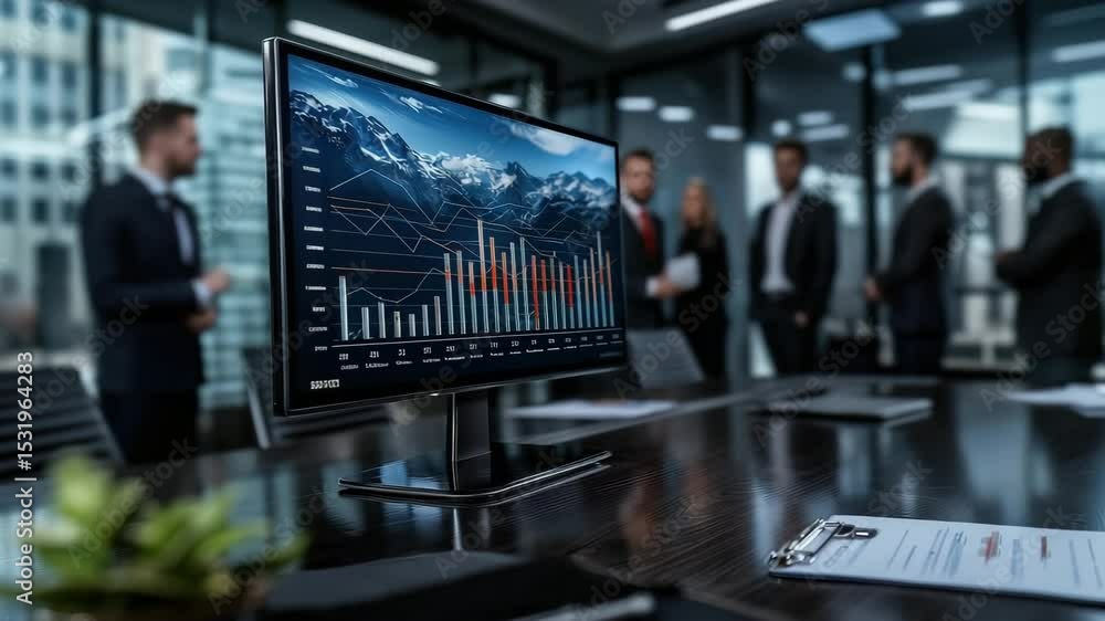 Poster a computer monitor displays financial graphs in a modern office, while business professionals discus